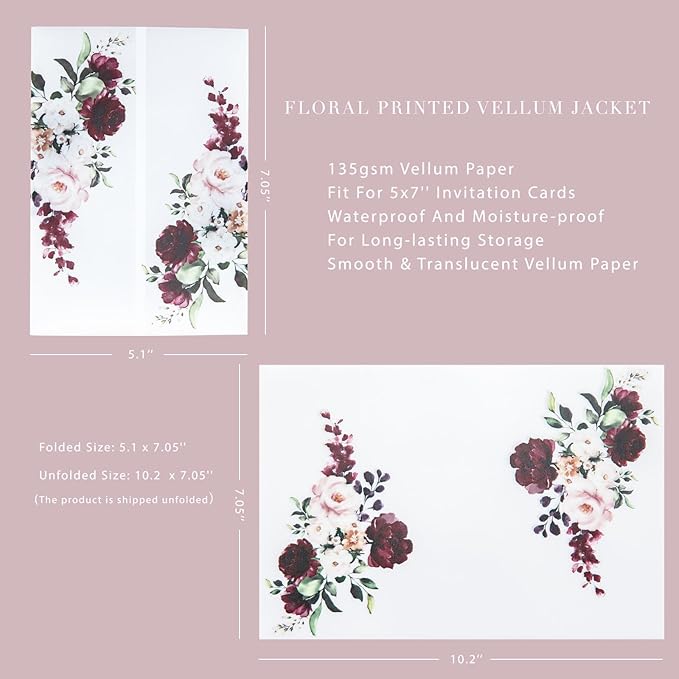 PONATIA 50 PCS Vellum Jackets for 5x7 Invitations- 135gsm Burgundy Floral Printed Vellum Sleeves, Quinceanera Wedding Invitation Cards Wraps