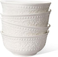 Cereal Bowls Set of 4 - Ceramic Soup Bowls for Kitchen 30 Oz Embossment White Breakfast Bowls for Rice, Pasta, Fruits, Salad, Ramen, 6.25 Inch, Dishwasher & Microwave Safe (Brocade Flower)