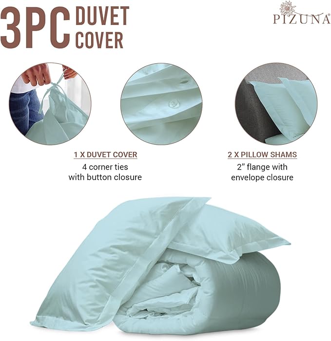 Pizuna Pure 100% Cotton King Duvet Cover Set, Luxurious 400 Thread Count Long Staple Cotton Sateen Weave with Button Closure (Combed Baby Blue Cotton Duvet Cover King)