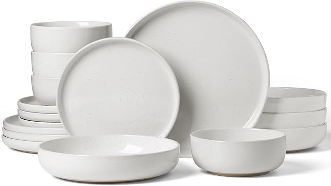 Famiware Milkyway Stoneware Dinnerware Sets with Pasta Bowls, Service for 4 (16 Pieces), Plates and Bowls Sets -Scratch Resistant, Microwave and Dishwasher Safe Dishes Set, White