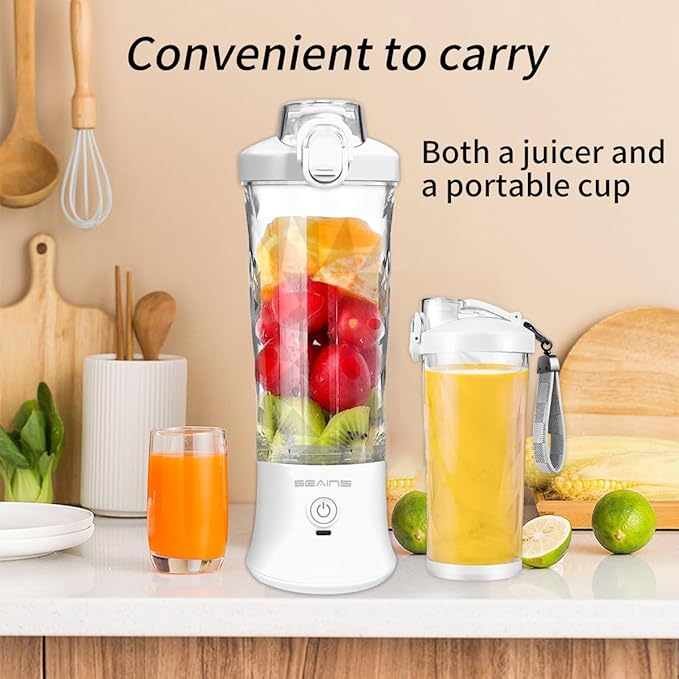 Portable Blender with 20 Oz Travel Cup, 6 Blades, USB Rechargeable for Shakes, Smoothies, Gym, Kitchen and Outdoors (White)