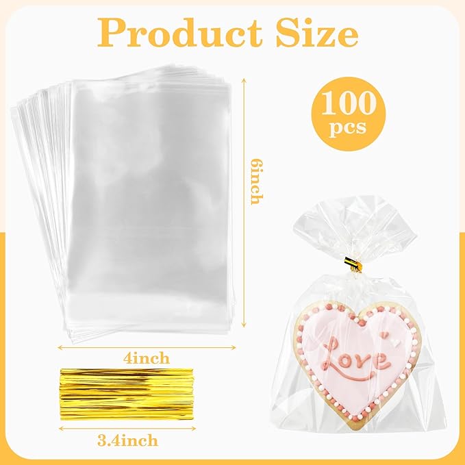 100 PCS Cellophane Treat Bags, 4x6 In Clear Cellophane Gift Bags with Twist Ties Plastic Goodie Bag for Party Favor Cookie Candy Popcorn Bakery Chocolate Gift Wrapping