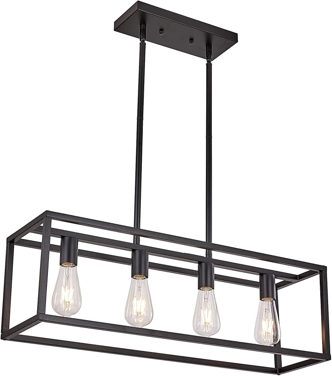 Farmhouse Rectangle Chandeliers for Dining Rooms, Modern Linear Hanging Light Fixture Matte Black 4-Light Industrial Pendant Lighting for Kitchen Island