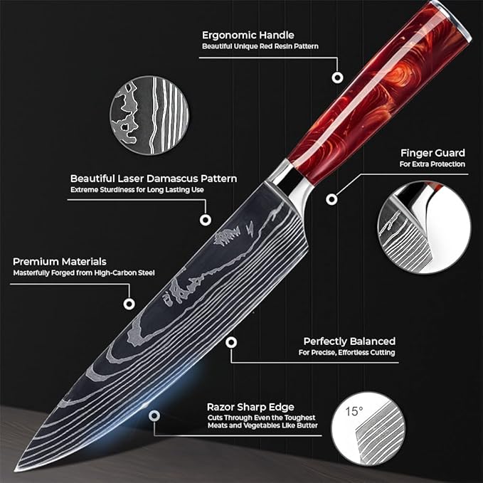 SENKEN 8-piece Japanese Kitchen Knife Set with Red Resin Handle and Laser Damascus Pattern - Crimson Collection - Chef's Knife, Santoku Knife, Paring Knife, & More - Ultra Sharp for Very Fast Cutting