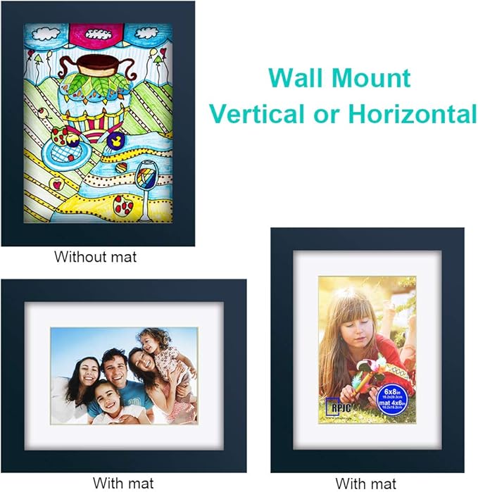 RPJC 6x8 inch Picture Frame Made of Solid Wood and High Definition Glass Display Pictures 4x6 with Mat or 6x8 Without Mat for Wall Mounting Photo Frame Jazz Blue