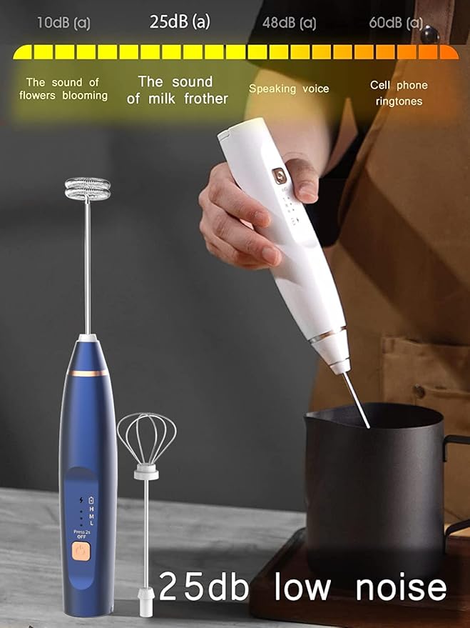 Milk Frother Handheld Foam Maker with 2 Stainless Stirring Head 3 Speed Rechargeable Electric Blender Milk Frother Wand Drink Mixer for Cappuccino Matcha Latte Hot Chocolate Protein Powder Egg (Blue)
