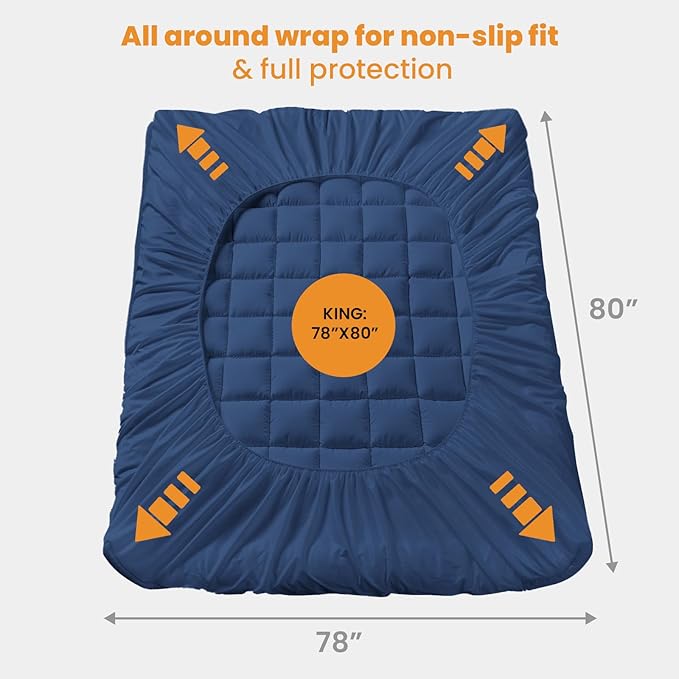 MATBEBY King Size Mattress Pad - Cooling Breathable Mattress Topper, Quilted Fitted Mattress Protector, Pillow Top Mattress Cover with 8-21" Deep Pocket, Machine Washable, Navy Blue, 78x80 Inches
