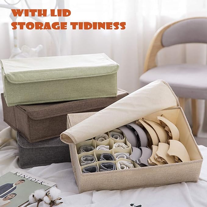 AARAINBOW 2 Packs Underwear Socks Ties Storage Organizer with Lids Foldable Closet Drawer Organizer 46 Cells, Fabric Drawer Wardrobe Divider Organizer for Bra Scarves Lingerie (30+16 Cell, 2 Beige)