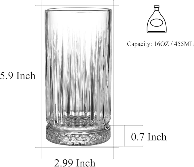 Tall Drinking Glasses Set of 4-16oz Glass Cups for Kitchen - Elegant Highball Glassware for Water, Ice Coffee, Cocktail, Cold Beverage