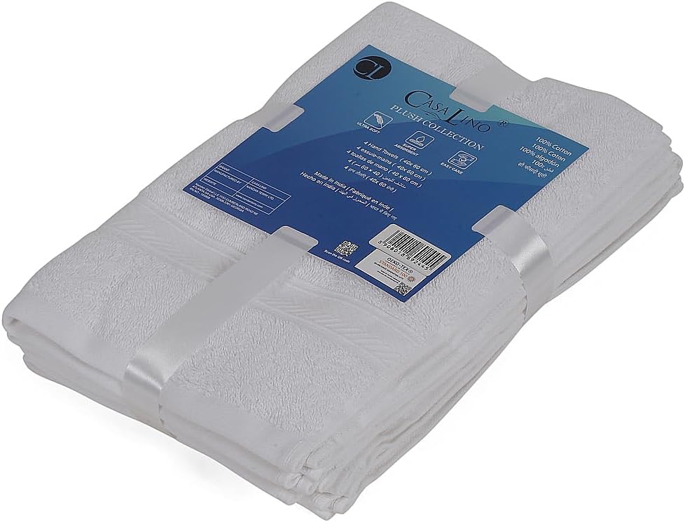 Casa Lino 4 Pack Hand Towels for Bathroom, 18"x28", 100% Cotton, Ultra Soft & Highly Absorbent, Premium Luxury Towels for Gym, Shower, Hotel, New Apartment Essentials, White