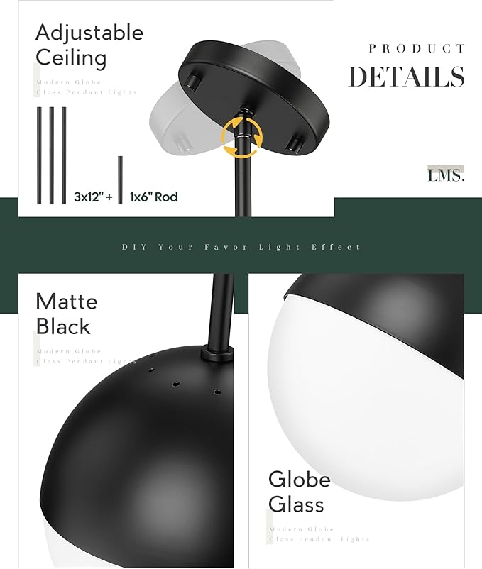 LMS 2 Pack Mid Century Pendant Lights, Matte Black Kitchen Island Light Fixtures with White Globe Glass Shade, Adjustable Hanging Rod Ceiling Light for Home Office Dining Room Bathroom, LMS-186BK2PK