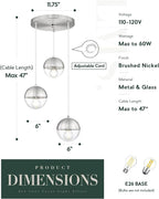 LMS Modern Brushed Nickel 3-Light Cluster Pendant Lights, Mid Century Pendant Lighting with Clear Globe Glass Shade, Adjustable Hanging Cord Ceiling Light for Bathroom Dining Room, LMS-186BNC3