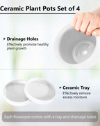 EFISPSS Flower Planter –5 inch Ceramic Plant Pots with Drainage Holes and Ceramic Tray - Gardening Home Desktop Office Windowsill Decoration Gift Set of 4 - Plants NOT Included (White)