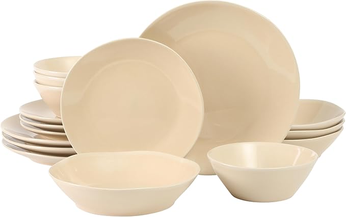 Bloomhouse Montecito Breeze 16 Piece (Service for 4) Double Plates and Bowls Stoneware Reactive Glaze Dinnerware Set - Marble Dawn Cream