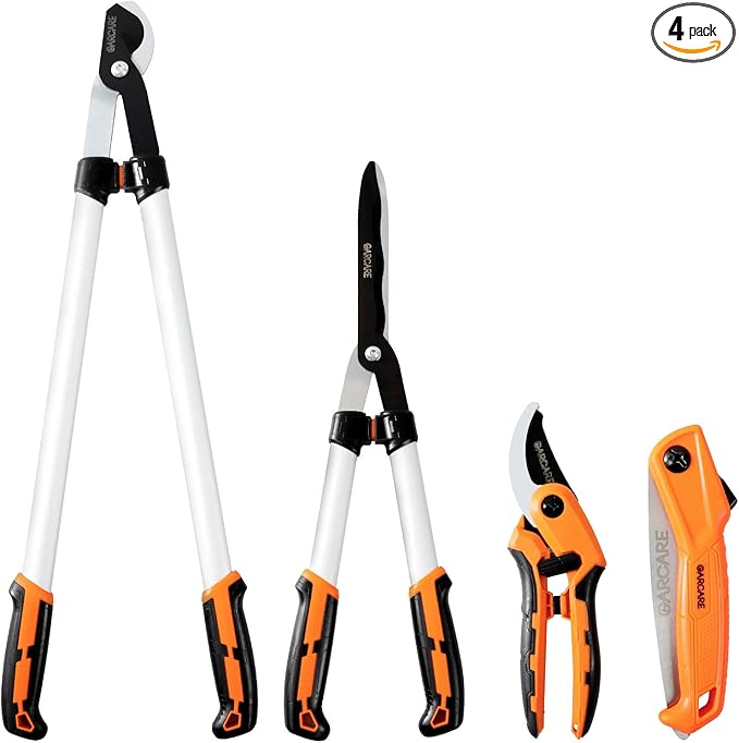 GARCARE Hedge Clippers Pruning Shears 4 in 1 Set High Carbon Steel Folding Saw, Branch Cutter, Tree Pruner, Garden Scissors, Tree & Shrub Care Kit