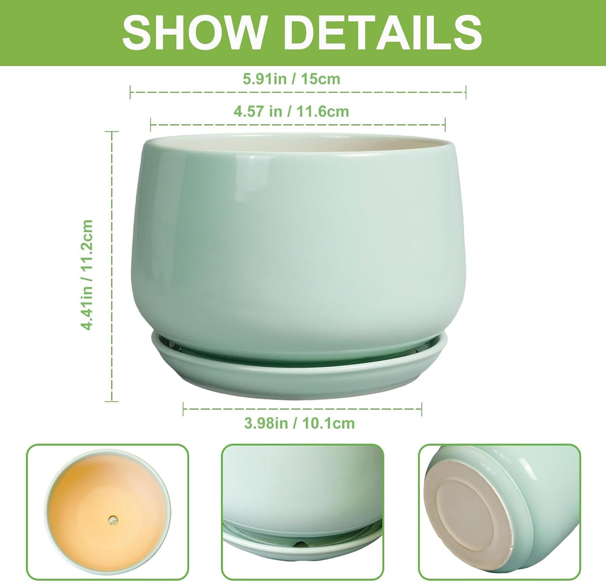 G EPGardening Ceramic Plant Pots - 6 Inch Pot for Plants, Ceramic Planter with Drainage and Saucer, Flower Indoor Outdoor Planter, Modern Bathroom Decor, Birthday Gifts, Green