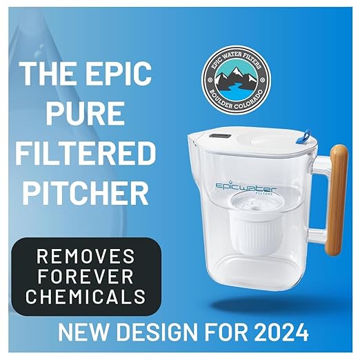 Epic Water Filters Pure Filter Pitchers for Drinking Water, 10 Cup 150 Gallon Filter, Tritan BPA Free, Removes Fluoride, Chlorine, Lead, Forever Chemicals (White & Bamboo)