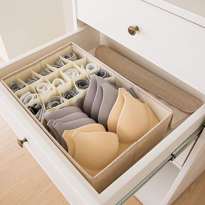 AARAINBOW 2 Packs Underwear Socks Ties Storage Organizer with Lids Foldable Closet Drawer Organizer 46 Cells, Fabric Drawer Wardrobe Divider Organizer for Bra Scarves Lingerie (30+16 Cell, 2 Beige)