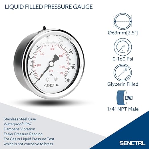 SENCTRL 0-160 Psi Glycerin Liquid Filled Air Pressure Gauge, 2.5" Dial Size, 1/4" NPT Back Mount, Stainless Steel Case, for Water Pump, Tire, Large Air Compressor, Well, RV Regulator Pressure Test