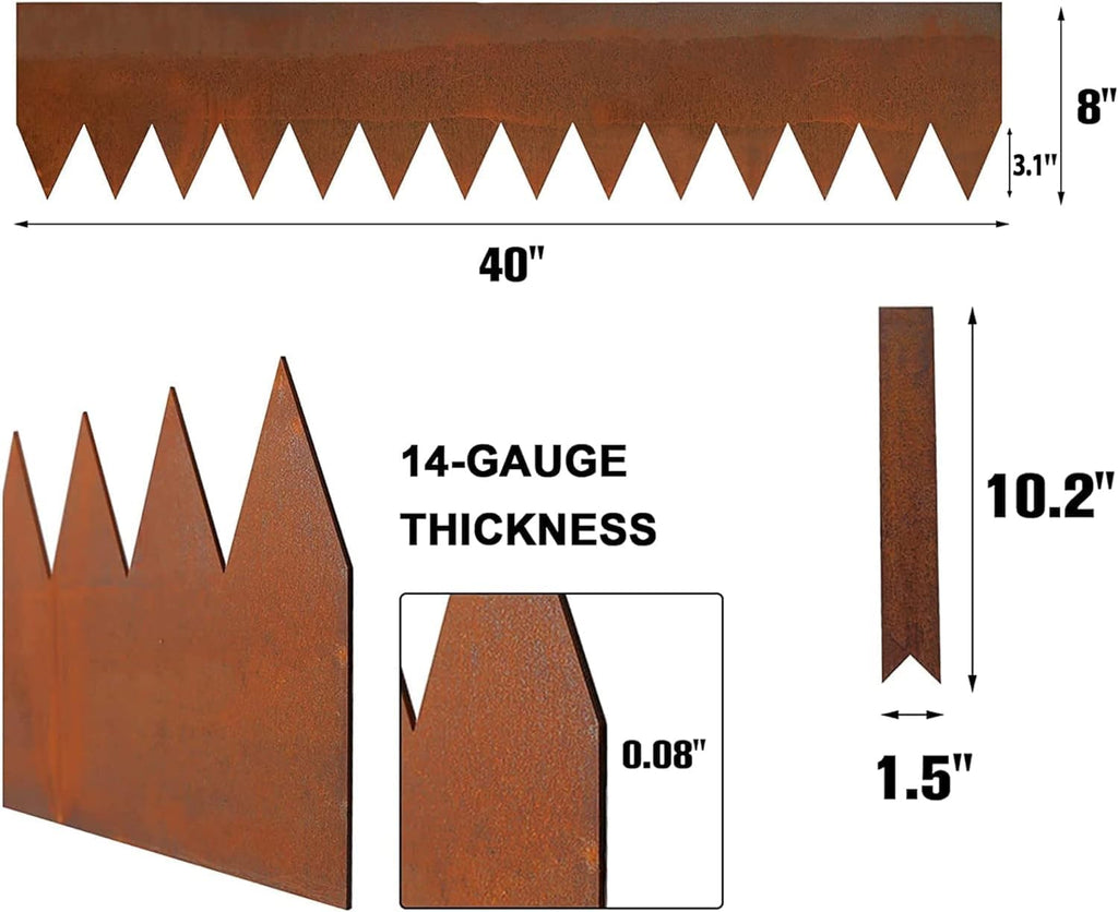 Worth Garden 6 Pack Cor-Ten Steel Landscape Edging w/Rust Patina Finish - 40" L x 8" H Strips - Hammer-in 14-Gauge Metal Corten Edging Border w/ 7 Clips & Gloves - Edge for Lawn Yard (20Ft Total)