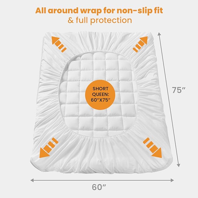 MATBEBY RV Short Queen Mattress Pad - Cooling Breathable Mattress Topper, Quilted Fitted Mattress Protector, Pillow Top Mattress Cover with 8-21" Deep Pocket, Soft, Machine Washable, White, 60"x75"