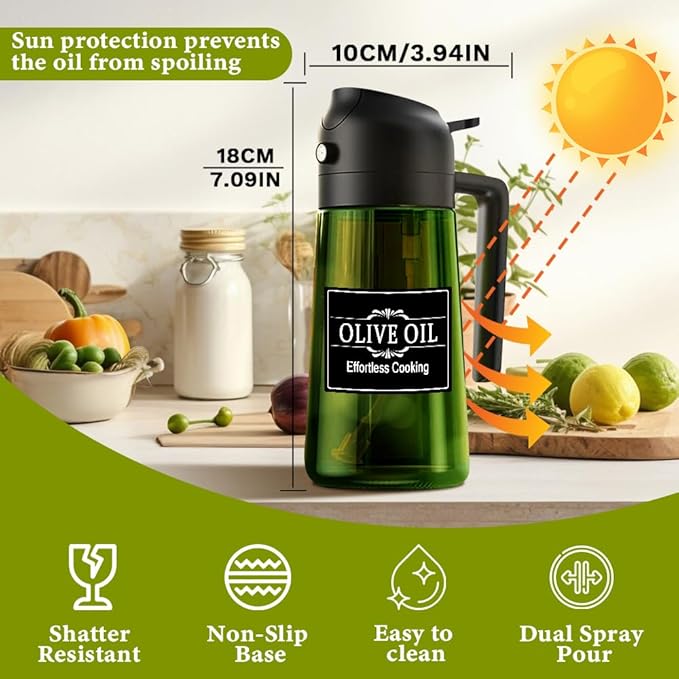 Oil Dispenser Bottle for Kitchen-2 in 1 Olive Oil Dispenser for Kitchen-Oil Sprayer for Cooking,Salad,Frying,BBQ,Air Fryer-Upgraded Sunshade Bottle(16oz/470ml)
