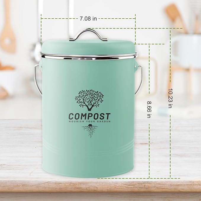 Kitchen Countertop Compost Bin, Odor Resistant Indoor Compost Bin with Lid and Charcoal Filter, Rust Resistant Coated Compost Bucket, Compost Container, Mint