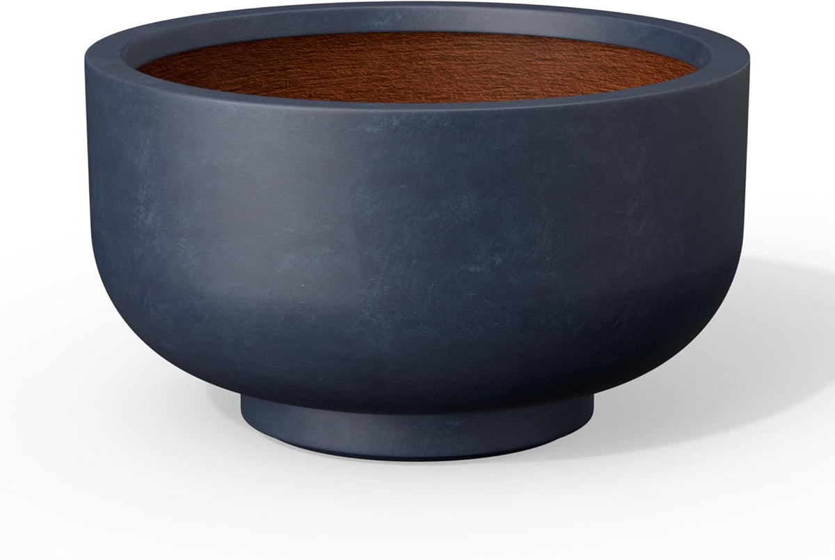 Kante 13.8 Inch Dia Concrete Bowl Planter, Large Tapered Bottom Plant Pot with Drainage, Smooth Charcoal Finish with Warm Brown Interior, Ideal for Porch, Home, Garden, Patio