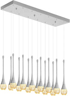 Modern Rectangular Chandelier,14 Lights Silver Raindrop Chandelier Lighting,Industrial Linear Pendant Ceiling Light Fixture for Dining Living Room Kitchen Island