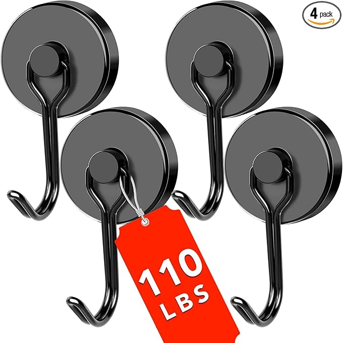 DIYMAG Black Magnetic Hooks,110LBS Strong Magnetic Hooks Heavy Duty, Strong Magnet Hooks with Metal Hanger for Hanging Refrigerator Home Kitchen Office, 4Pack