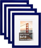 KINLINK 8x10 Picture Frame Navy, Solid Wood Frames with Acrylic Plexiglass for Pictures 4x6/5x7 with Mat or 8x10 without Mat, Tabletop and Wall Display Photo Frame, Set of 4