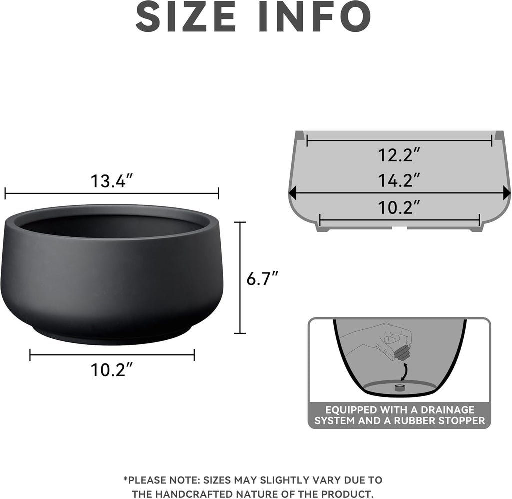 Kante 13.4" Dia Round Curvy Concrete Planter, Large Plant Pots with Drainage Hole and Rubber Plug for Indoor Outdoor Plants, Flower Pot for Home Garden Patio Porch, Black