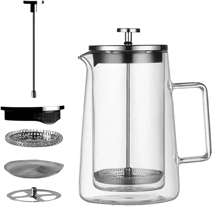 French Press Coffee Maker 34Oz (1 Liter), DoubleWall Insulated Borosilicate Glass, Heat-Resistant Design, Stainless Steel Filter for Coffee, Tea & Cold Brew