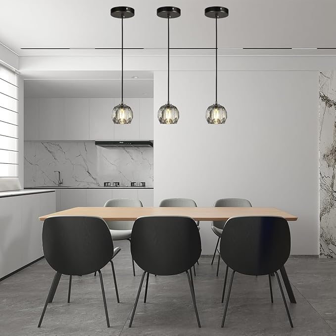 Crystal Pendant Light Fixture, Modern Black Pendant Light Kitchen Lighting, Small Crystal Pendant Island Hanging Light for Kitchen Dining Room
