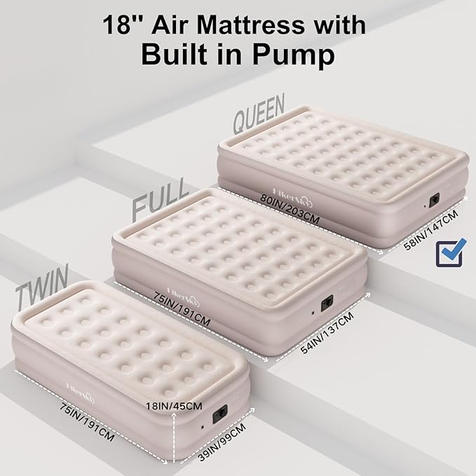 Queen Air Mattress with Built-in Pump, Air Bed with Portable Storage Bag, 18'' Blow up Mattress Suitable for Home and Guests, Top Flocking, 18" Queen Khaki