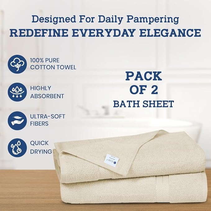 Casa Lino Bath Sheets Set Extra Large - 100% Cotton Extra Large Bath Towels - Highly Absorbent & Quick Dry Oversized Towels for Adults - 60" x 30" - Pack of 2 - (Linen Brown)