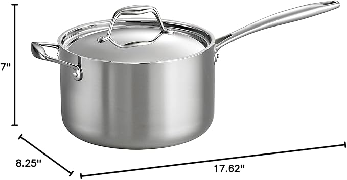 Tramontina Signature Tri-Ply Clad Stainless Steel 4-Quart Sauce Pan with Lid, Induction-Ready, Dishwasher-Safe, NSF-Certified, Made in Brazil