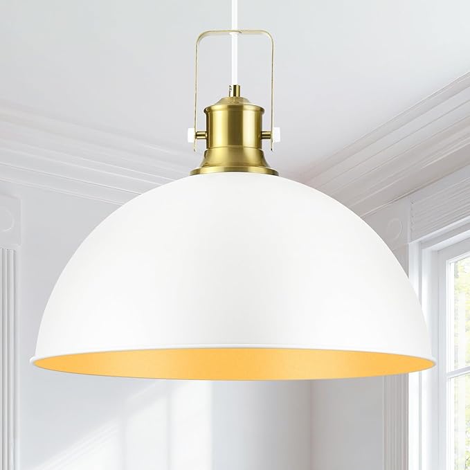 18 Inch White Farmhouse Pendant Lights for Kitchen Island Industrial Haning Lamp Adjustable Height Vintage Dome Hanging Light Fixtures for Barn, Dining Room