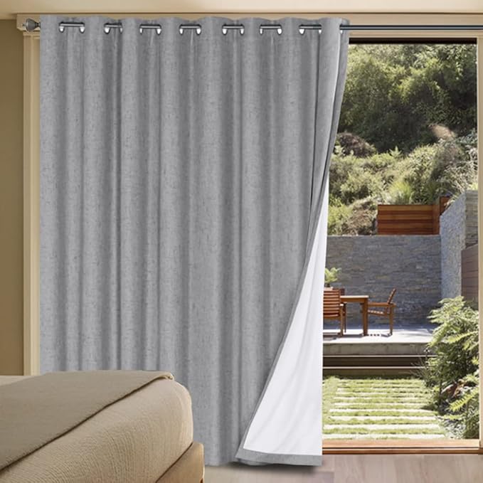 H.VERSAILTEX Linen Blackout Curtains Durable Thick Textured Linen Look 100% Blackout Patio Door Curtain Anti Rust Grommet Extra Wide Sliding Door Curtain Panel, W100 x L96 inch - Dove Gray