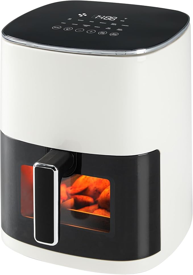 OLIXIS Air Fryer 6 Quart with Window Square Air Fryer 12-in-1 Air Fry, Roast, Reheat, Dehydrate, Bake, Steam, Fries, Custard, Chicken, Wings, Sea Food, Vegetabels,400F Beige