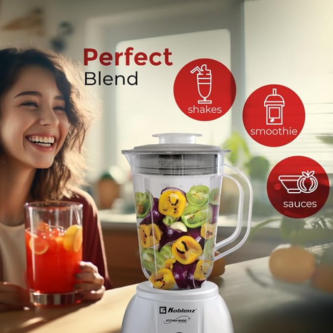 Koblenz 42 oz Plastic Jar Blender, 10 Speed and 2 Pulses, Countertop Blender with Stainless Steel Blades, Perfect for Shakes and Smoothies, 500-Watt Motor, White, LKM-5510 PB