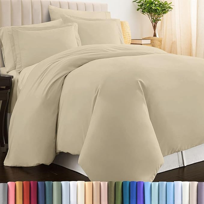 Pizuna Pure 100% Cotton Queen Duvet Cover Set, Luxurious 400 Thread Count Long Staple Cotton Sateen Weave with Button Closure (Combed Beige Cotton Duvet Cover Queen)