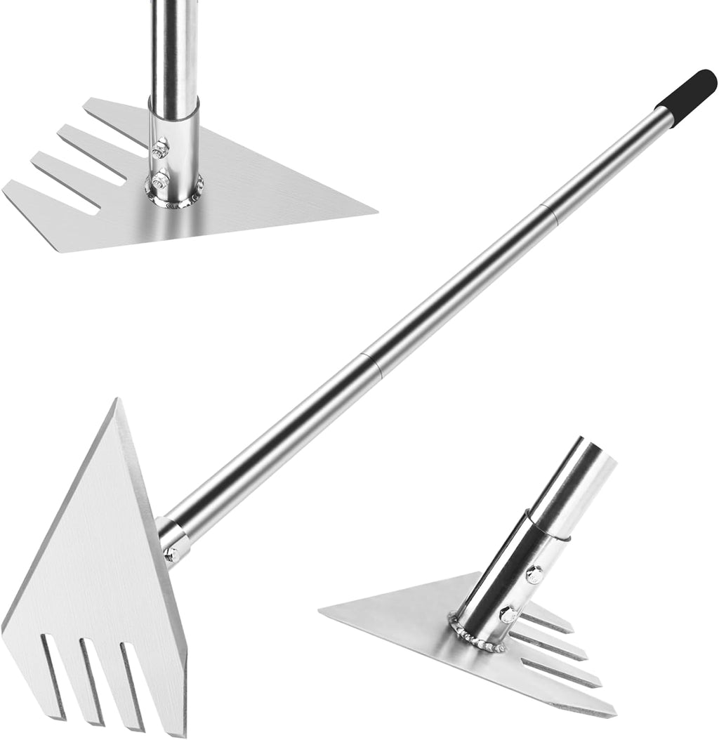 4-in-1 Garden Hoe Tool and Weeder, 56 Inch Ergonomic Long Handle Cultivator with Sharp Stainless Steel Blade, Heavy Duty Garden Hand Tiller for Weeding, Digging, Loosening Soil,Removing Moss