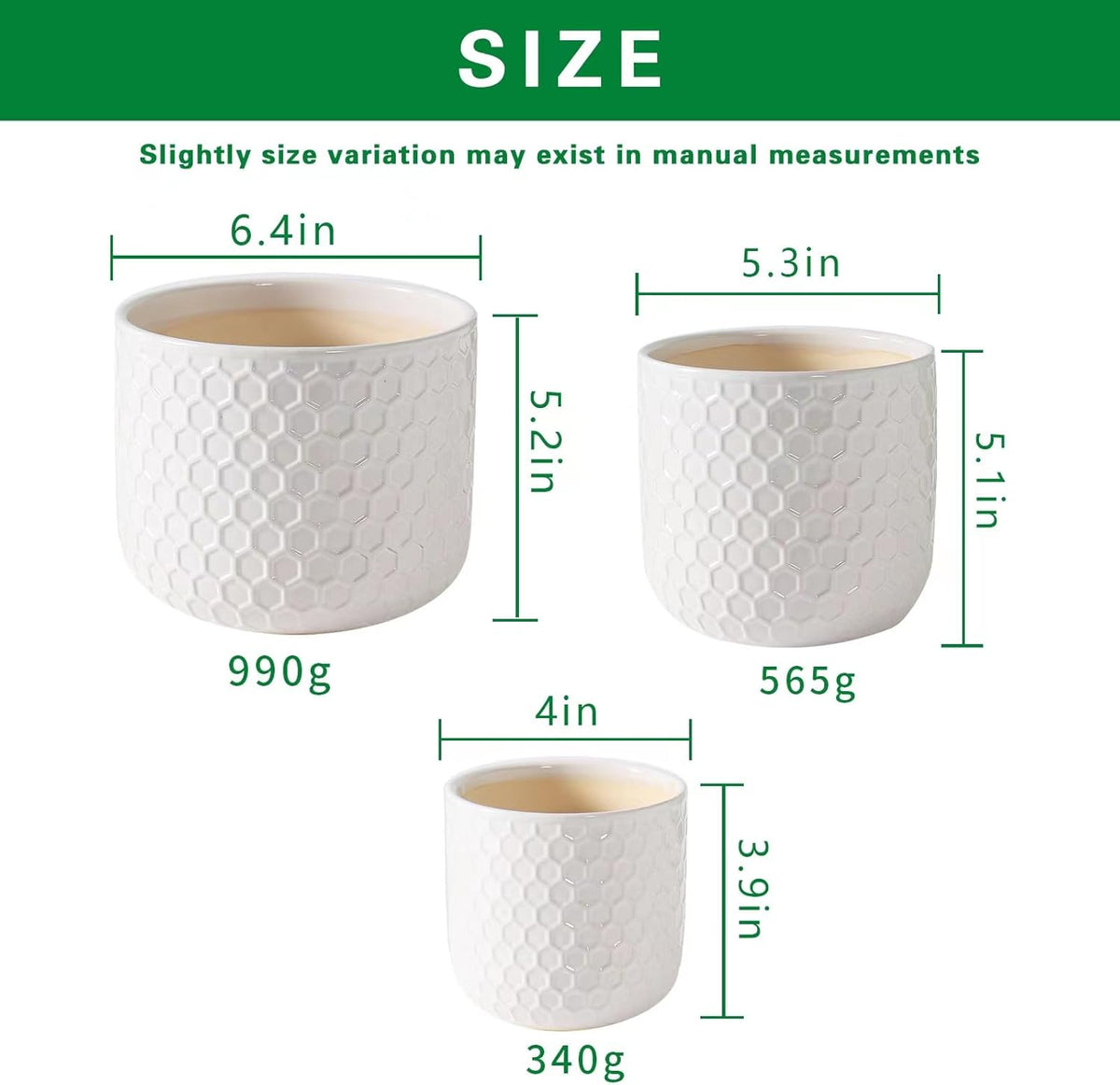 Docrin Plant Pots Indoor with Drainage: 6.4+5.3+4 Inch Ceramic Flower Pots for Plants - Set of 3 Modern Decorative Planters for House/Office/Gift - White Honeycomb