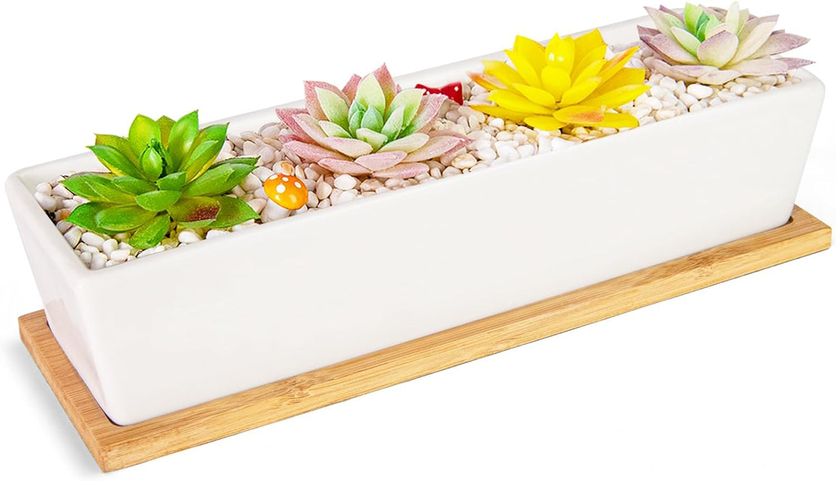 Succulent Pots - 12.1 Inch Large Succulent Pots with Drainage Tray, Window Sill Planter, Long Rectangle Ceramic Pots for Indoor Cactus/Succulent Plants Shallow Bonsai Window Box for Home Garden Decor