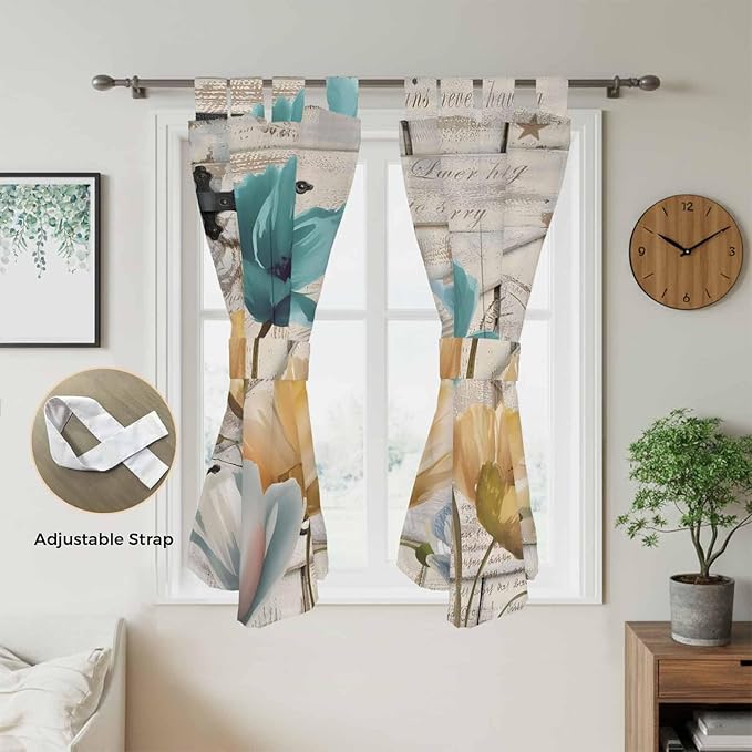 Watercolor Flowers Living Room Curtains 84 Inch Length, Window Curtains Tab Top, Vintage Tulips Floral Barn Doors Wood Grain Light Filtering Window Treatments Drapes 42"x84" 2 Panel