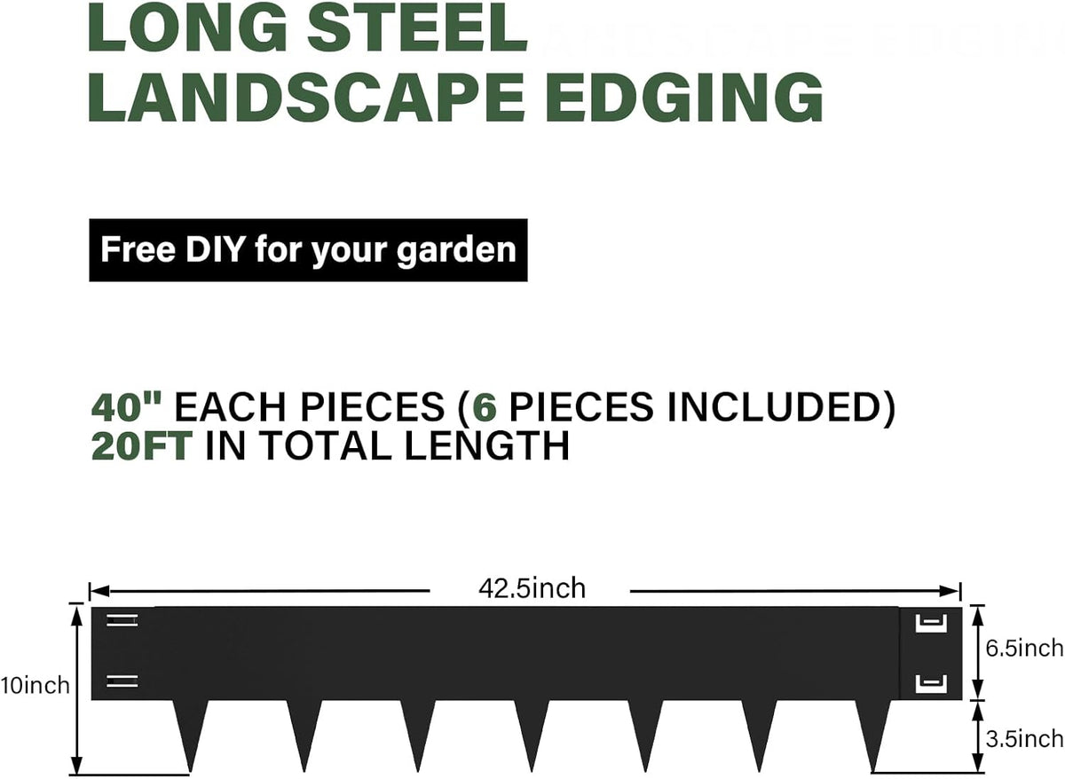 Black Steel Landscape Edging - 6 Pack, 40" L x 10" H Each (20ft Total), Bendable Metal Edging for Yard, Garden, Lawn