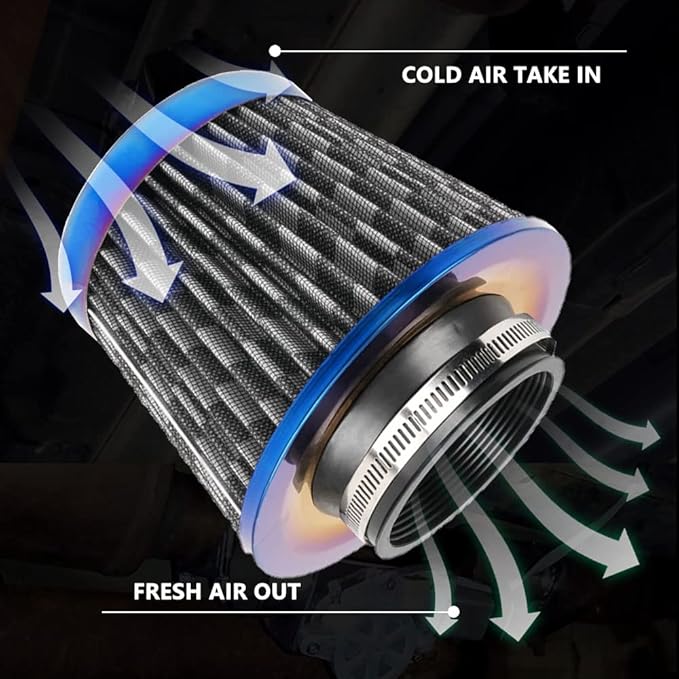 Cold Air Intake Filter, High Performance, Washable Filter, Clamp-On Replacement Air Filter, Flange Diameter 3inch/76mm Carbon Fiber Pattern
