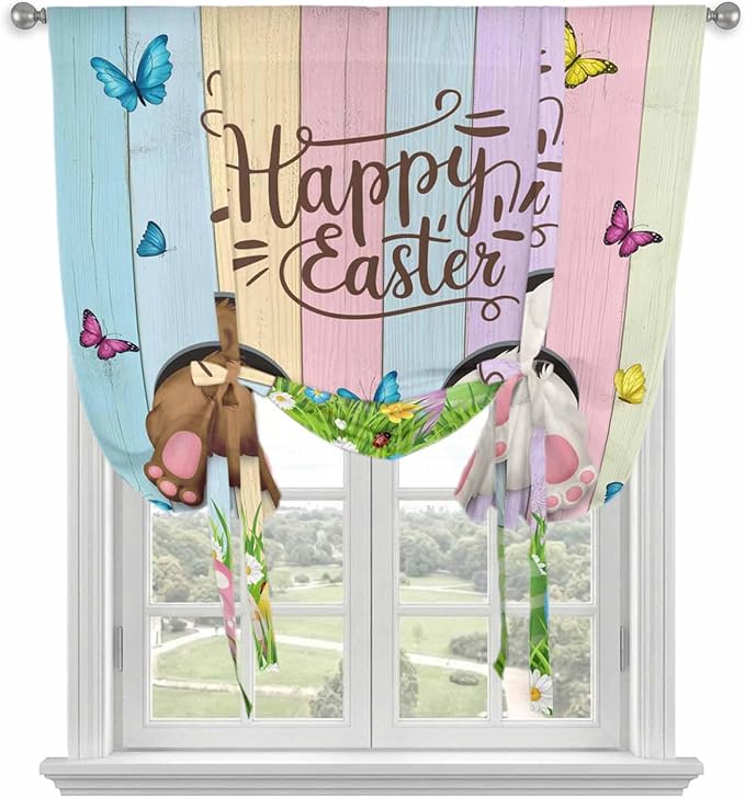 Tie Up Curtains,Happy Easter Rabbit Butt Egg on Daisy Leaf Adjustable Rod Pocket Window Shade Curtain Drape Bufferfly on Wood Barn Tie-Up Valance for Kitchen Bedroom Living Room Windows,42"x63"