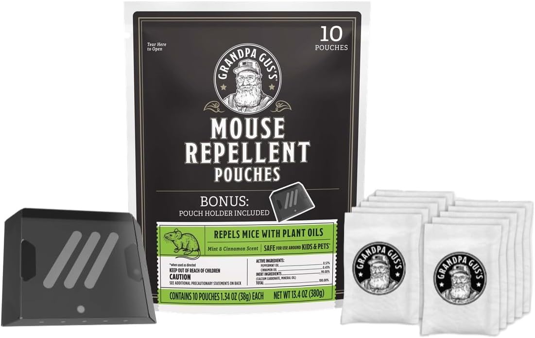 Grandpa Gus's Extra-Strength Mouse Repellent with Bonus Pouch Holder, Cinnamon/Peppermint Oils Repel Mice from Nesting & Freshen Air in Car/RV/Boat/Garage/Shed/Cabin, 1.75 Oz (10 Pouches)